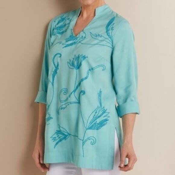 Soft Surroundings Blue Floral Embroidered Tunic Size Medium - Picture 1 of 7